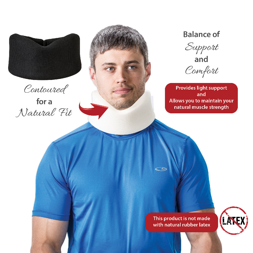 Man wearing a white foam cervical collar designed for light neck support and comfort. Additional images show the collar’s contoured shape for a natural fit. Text highlights that the collar provides gentle support while allowing natural muscle strength and is not made with natural rubber latex.