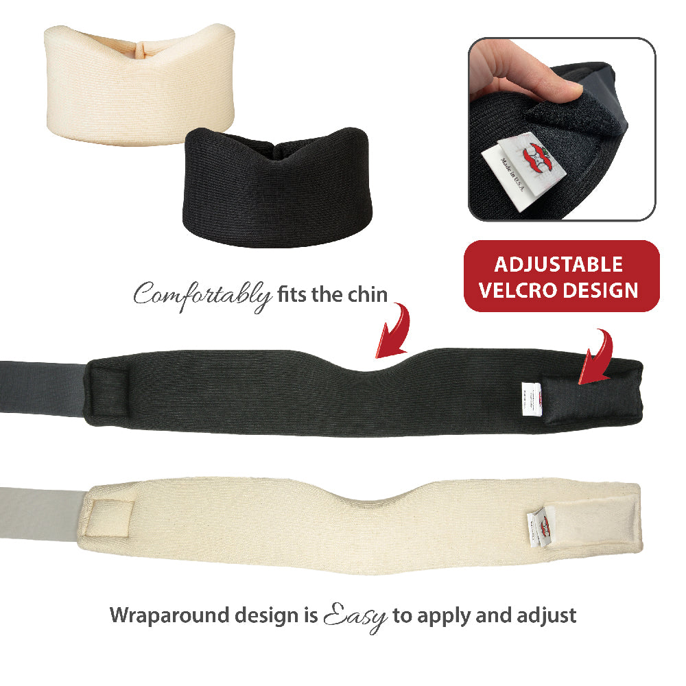 Foam cervical collar shown in beige and black with wraparound design and adjustable Velcro closure. Close-up inset highlights the hook-and-loop fastening system. Text notes the collar comfortably fits under the chin and is easy to apply and adjust for customized neck support.