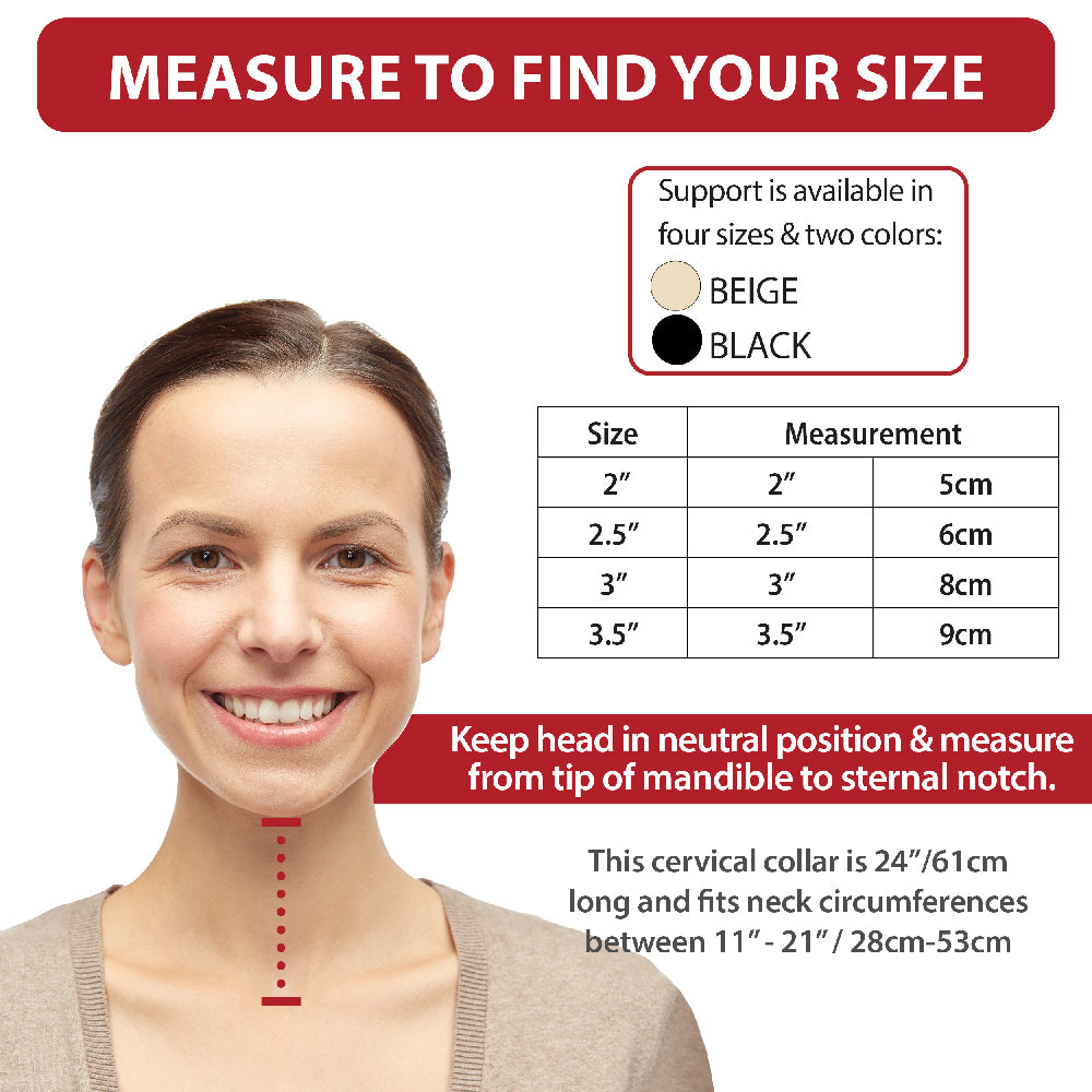Foam cervical collar sizing guide featuring a woman with measurement markers from the tip of the mandible to the sternal notch. Chart lists collar heights in four sizes: 2 inch, 2.5 inch, 3 inch, and 3.5 inch, with measurements in inches and centimeters. Text notes the collar is available in beige or black, measures 24 inches long, and fits neck circumferences from 11 to 21 inches.