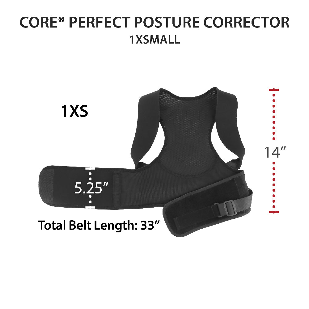 Core Products® Perfect Posture Corrector size chart for the 1X Small (1XS) model. The black posture support brace is shown with dimensions and sizing details. Visible text includes: “CORE® PERFECT POSTURE CORRECTOR,” “1XSMALL,” “1XS,” “Total Belt Length: 33”,” “5.25”” belt width, and “14”” overall height. The image highlights the brace’s adjustable waistband, shoulder straps, and breathable mesh back panel for posture support, alignment, and everyday comfort.
