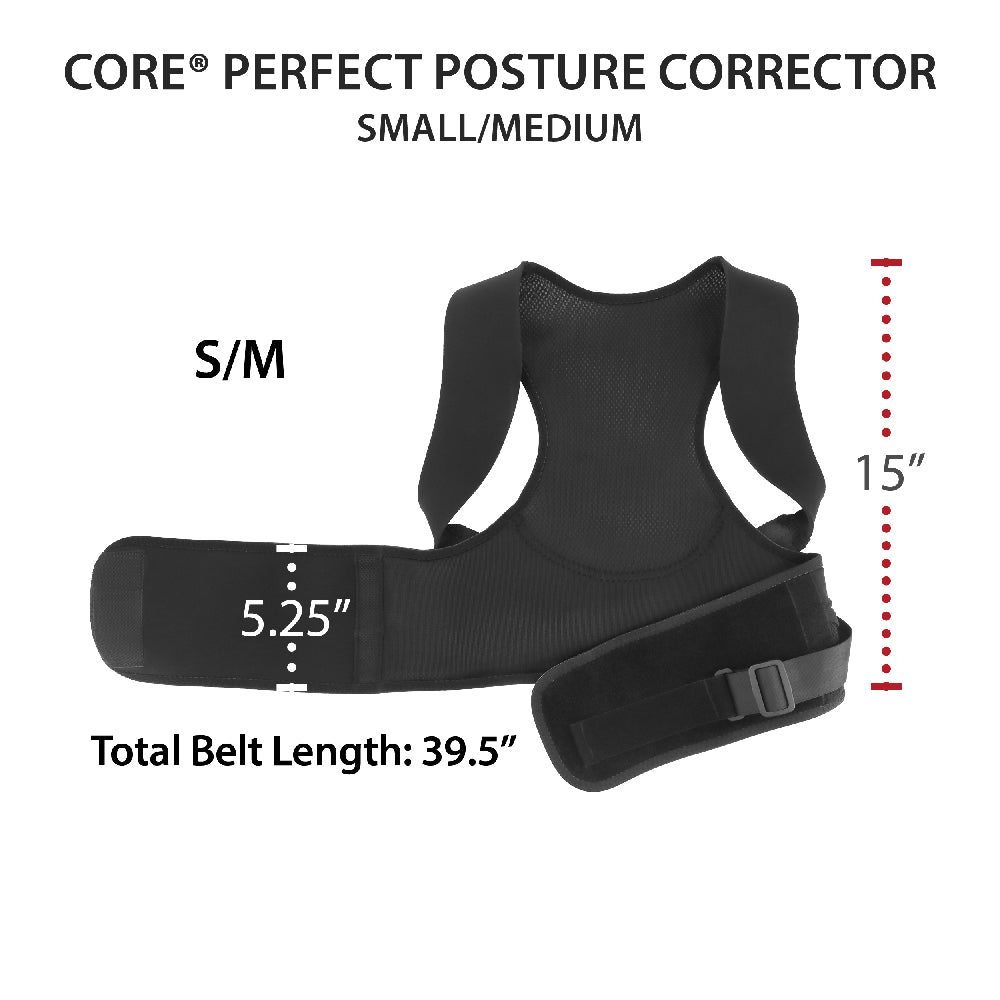 Perfect Posture Corrector size chart for the Small/Medium (S/M) model. The black posture support brace is displayed with dimensions and sizing information. Visible text includes: “CORE® PERFECT POSTURE CORRECTOR,” “SMALL/MEDIUM,” “S/M,” “Total Belt Length: 39.5”,” “5.25”” belt width, and “15”” overall height. The image highlights the breathable mesh back panel, padded shoulder straps, and adjustable waistband designed to encourage proper posture, improve alignment, and provide comfortable daily support.