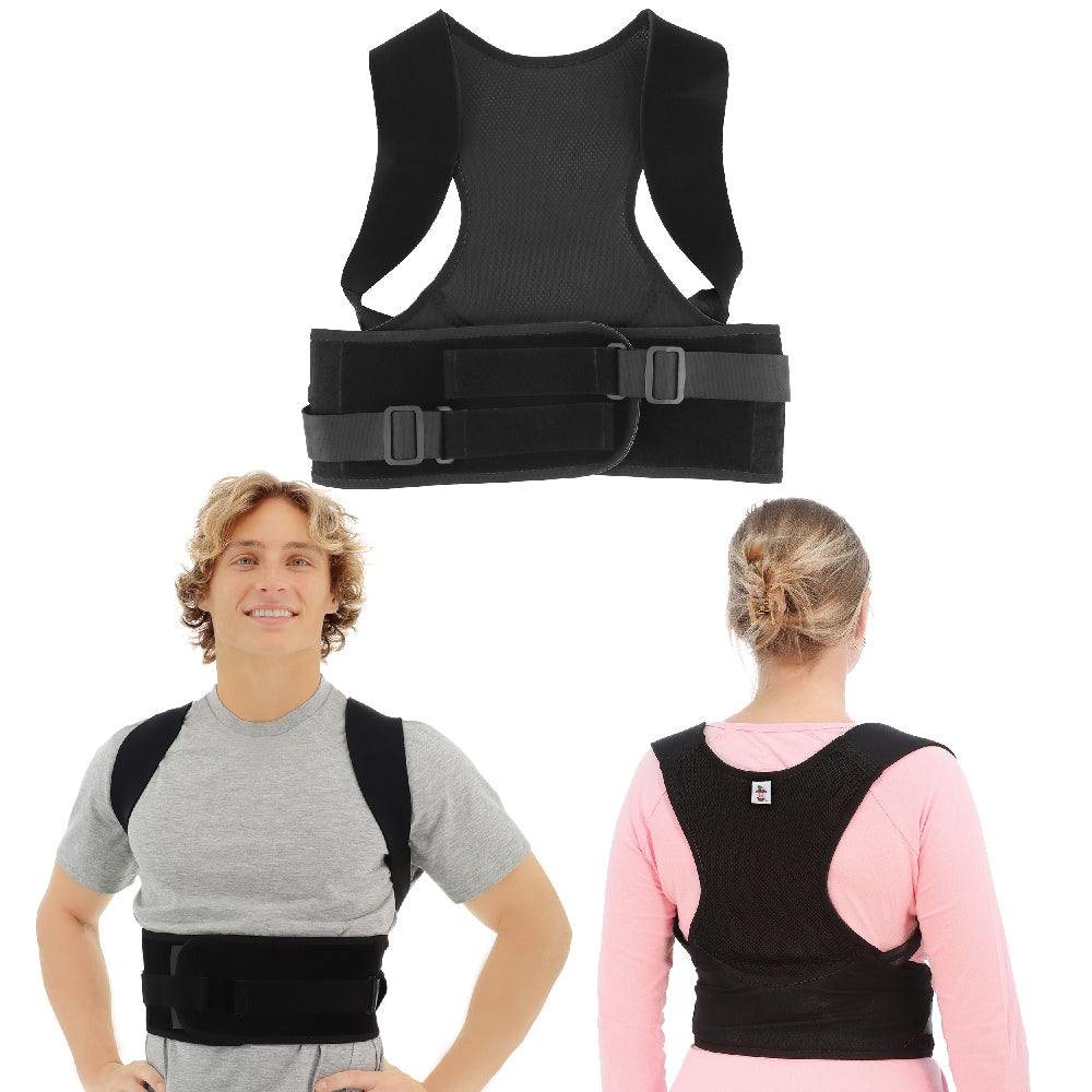 Core Products® Perfect Posture Corrector shown from product-only, front, and back views. The black posture support brace features wide shoulder straps, a breathable mesh back panel, and adjustable torso straps with buckle closures. Two models demonstrate the corrector in use, showing how it helps encourage proper shoulder alignment and improved posture. Designed for daily wear, comfort, and upper back support. No visible text appears in the image.