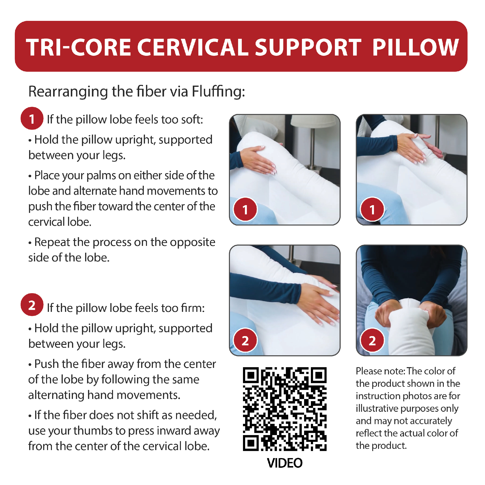 Instructions for fluffing a Tri-Core Cervical Support Pillow with images and text.