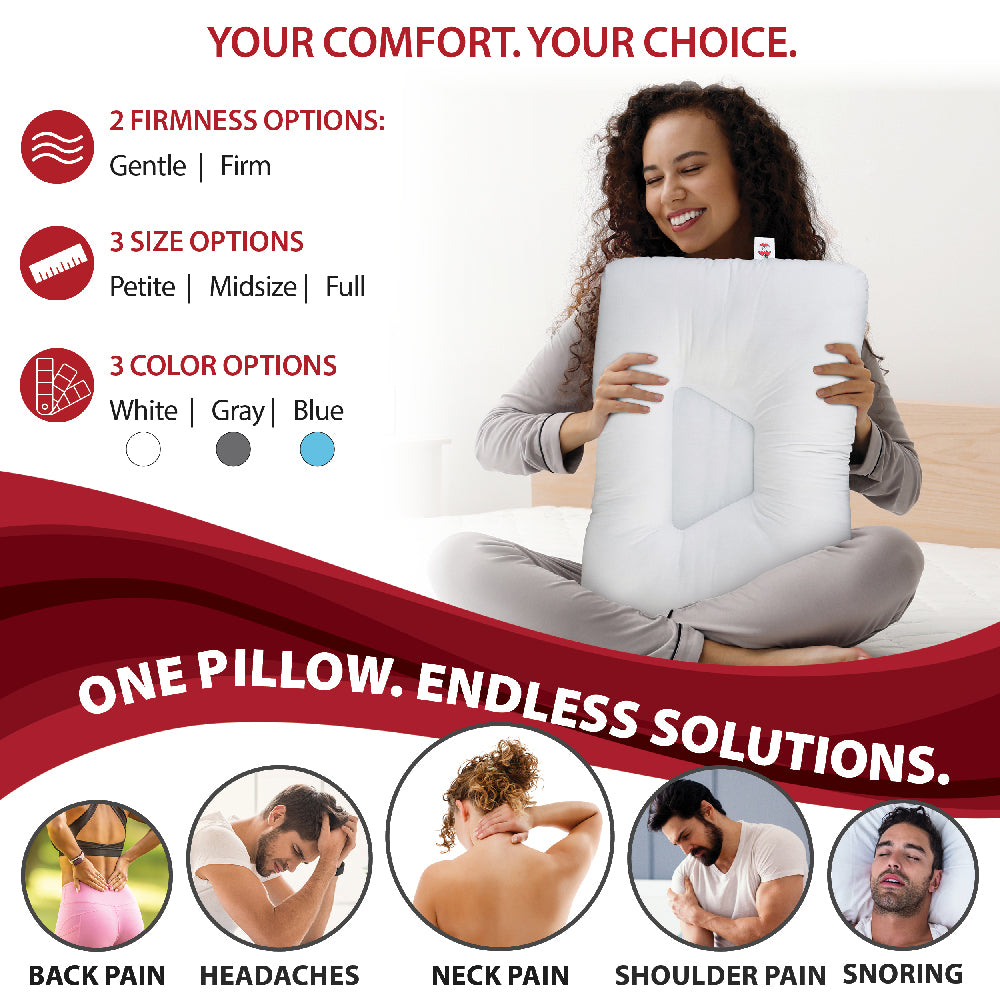 Smiling woman sitting on a bed holding the Core Products Tri-Core Cervical Pillow, showing its contoured center for neck support. Text reads “ONE PILLOW. ENDLESS SOLUTIONS.” Icons below highlight relief for back pain, headaches, neck pain, shoulder pain, and snoring.
