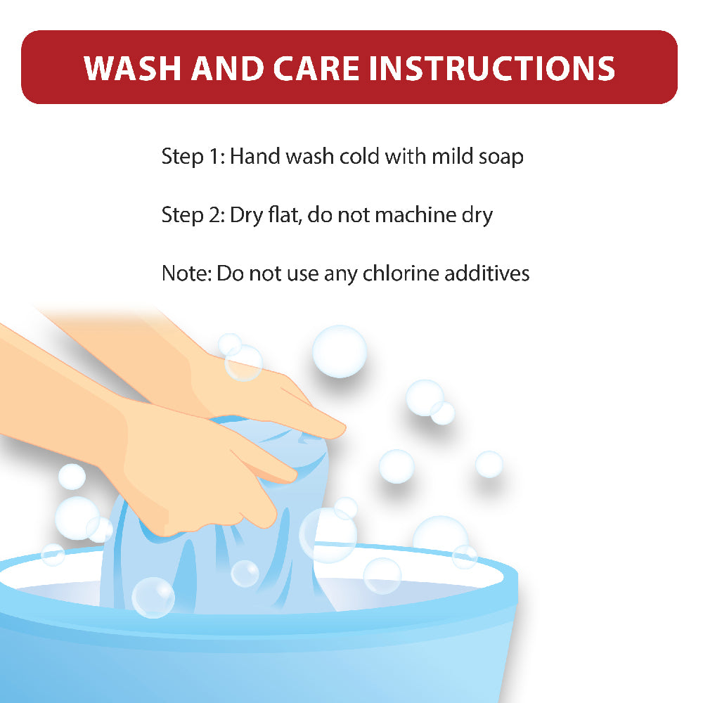 Core Products Tri-Core Cervical Water Pillow wash and care instructions showing hands hand-washing the water chamber in a basin. Text reads “WASH AND CARE INSTRUCTIONS,” “Step 1: Hand wash cold with mild soap,” “Step 2: Dry flat, do not machine dry,” and “Do not use any chlorine additives.”