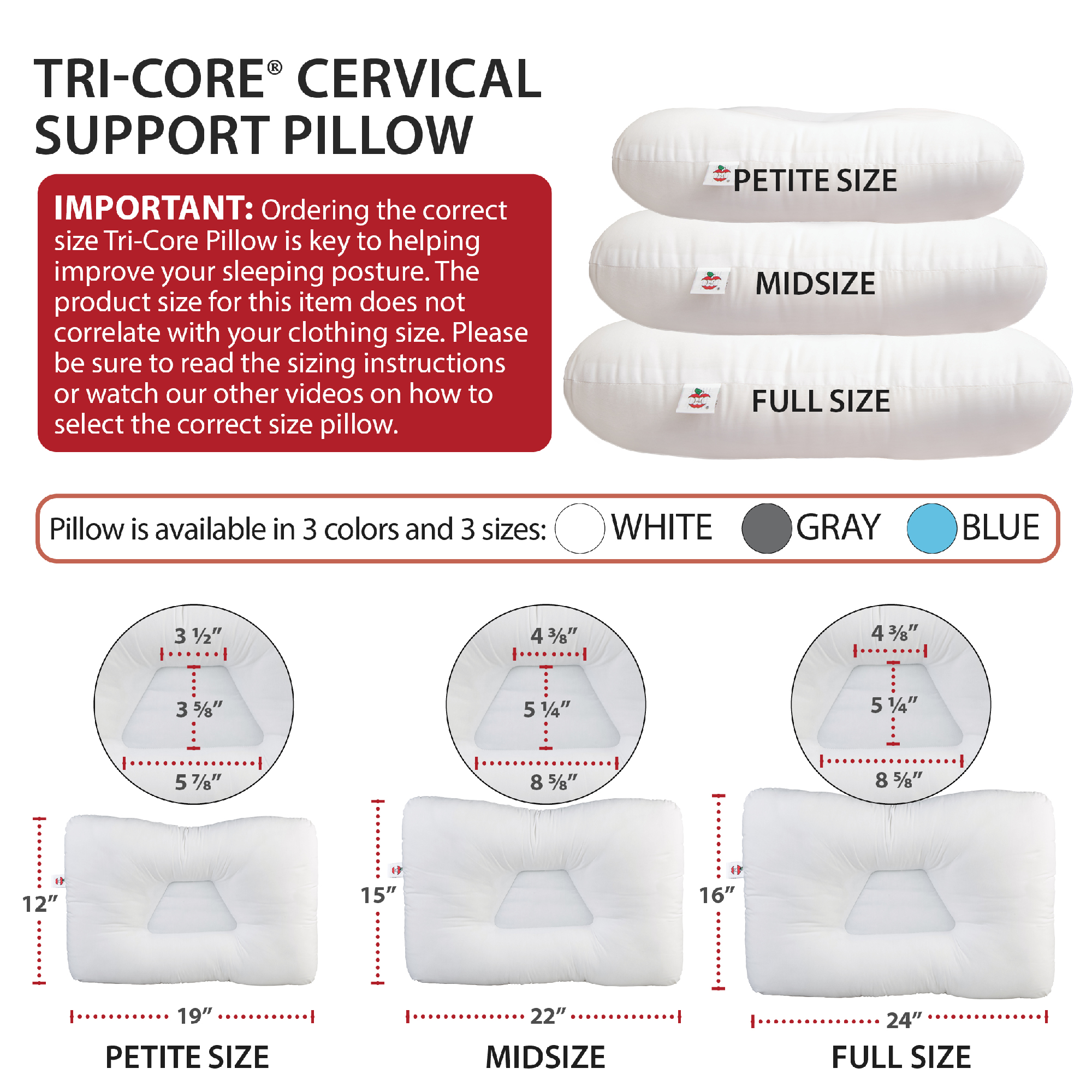 Tri-Core Cervical Support Pillow Full Size, Firm Support - 2 Pack
