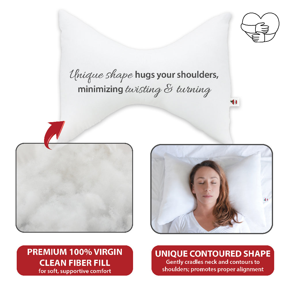 White Bowtie neck support pillow featuring an ergonomic shoulder-hugging shape designed to minimize twisting and turning during sleep. Visible text includes “Unique shape hugs your shoulders, minimizing twisting & turning,” “Premium 100% virgin clean fiber fill,” and “Unique contoured shape gently cradles neck and contours to shoulders; promotes proper alignment.” Image also shows soft fiber fill and a woman resting comfortably on the pillow for neck and shoulder support.