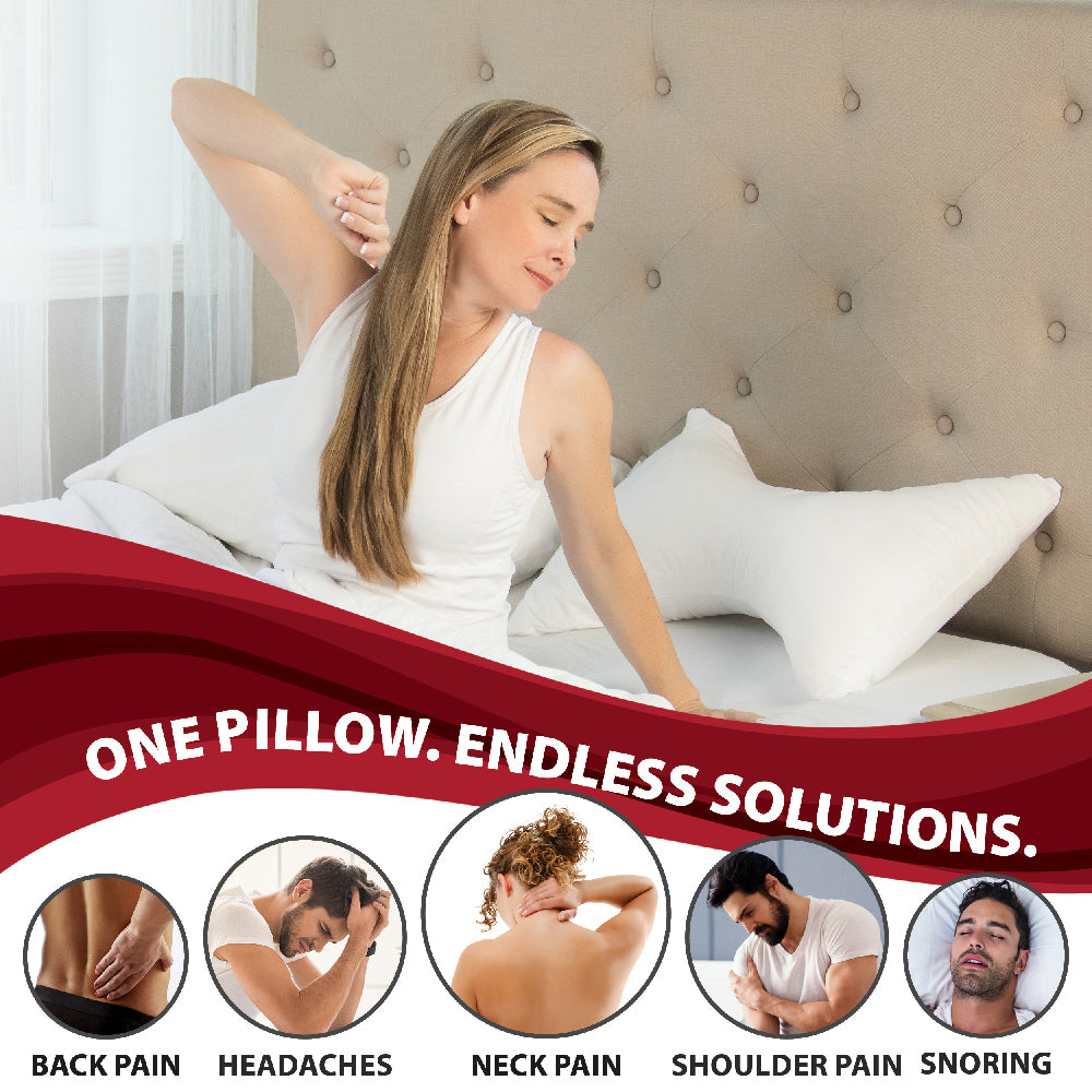 Woman stretching in bed beside a white contoured cervical support pillow designed for neck and shoulder comfort during sleep. Visible text reads “ONE PILLOW. ENDLESS SOLUTIONS.” Bottom icons highlight relief for back pain, headaches, neck pain, shoulder pain, and snoring. Ergonomic pillow supports proper spinal alignment and helps improve sleep comfort while reducing tension and nighttime discomfort.