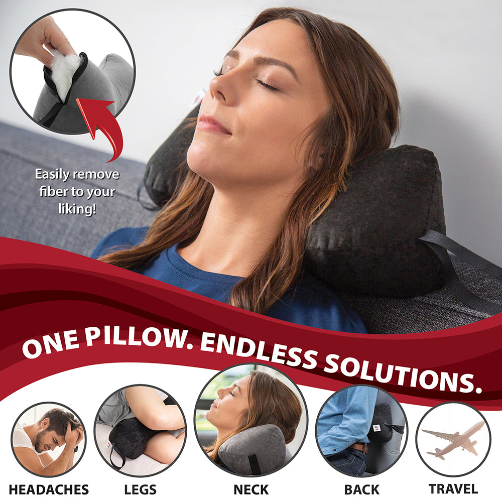 Woman relaxing on a sofa using a black adjustable pillow for neck support, with inset showing removable fiber filling. Text reads “Easily remove fiber to your liking!” and “One Pillow. Endless Solutions.” Icons highlight uses for headaches, legs, neck, back, and travel, including airplane support.