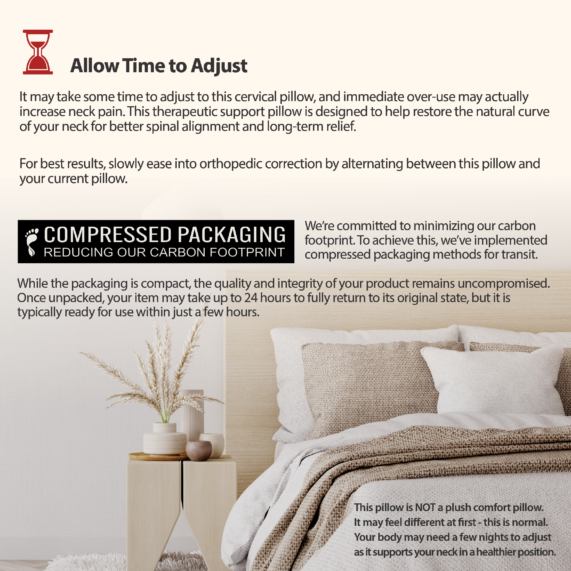 Instructional graphic explaining adjustment and packaging for a Core Products® cervical support pillow. Headline reads “Allow Time to Adjust.” Text explains it may take time for the body to adapt to the therapeutic support pillow and recommends alternating with your current pillow. Section titled “Compressed Packaging – Reducing Our Carbon Footprint” explains the pillow may take up to 24 hours to fully return to shape after unpacking.