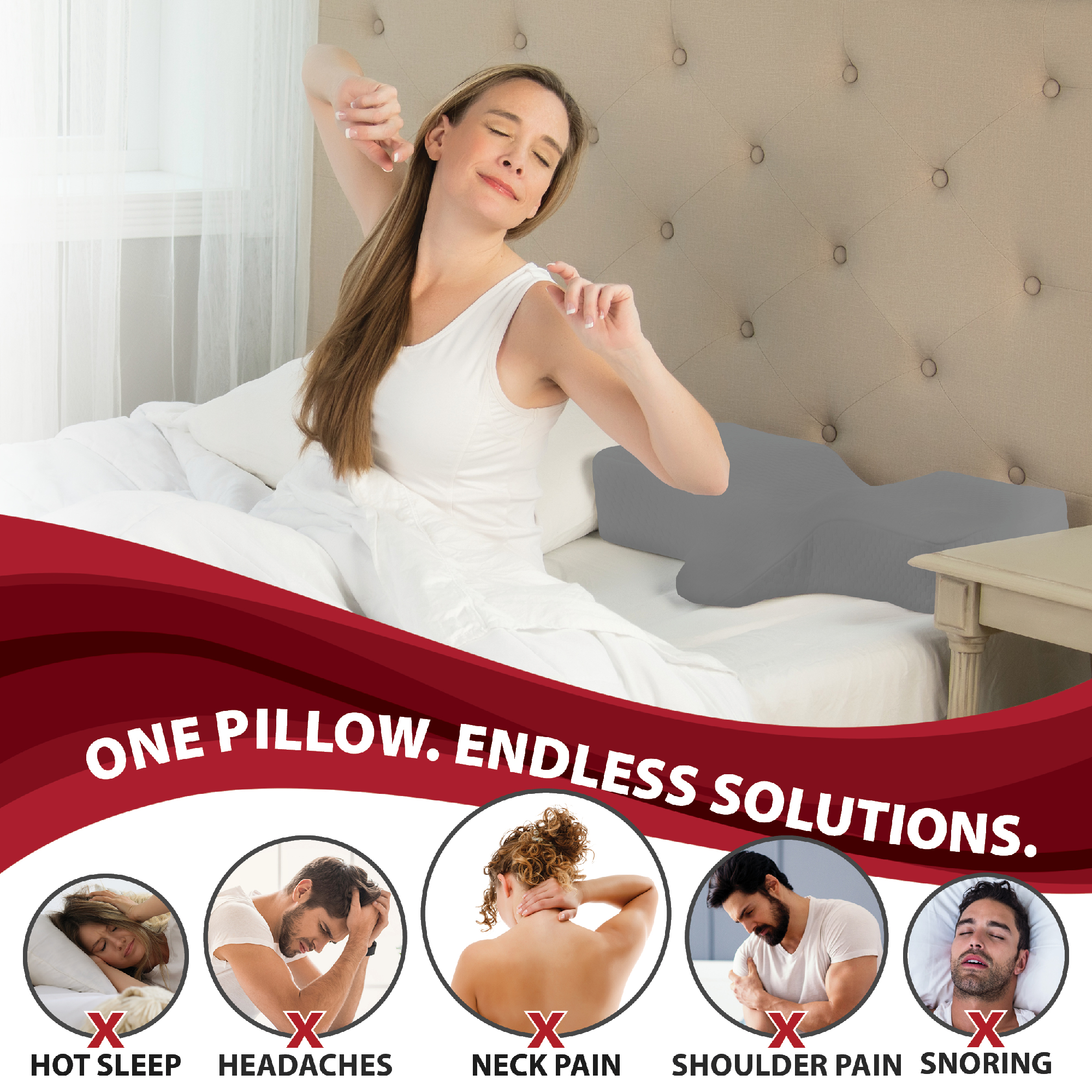 Woman in bed with the Therapeutica Pillow at the headboard. discomfort solutions displayed below include: Hot sleep, headaches, neck pain, shoulder pain, snoring.