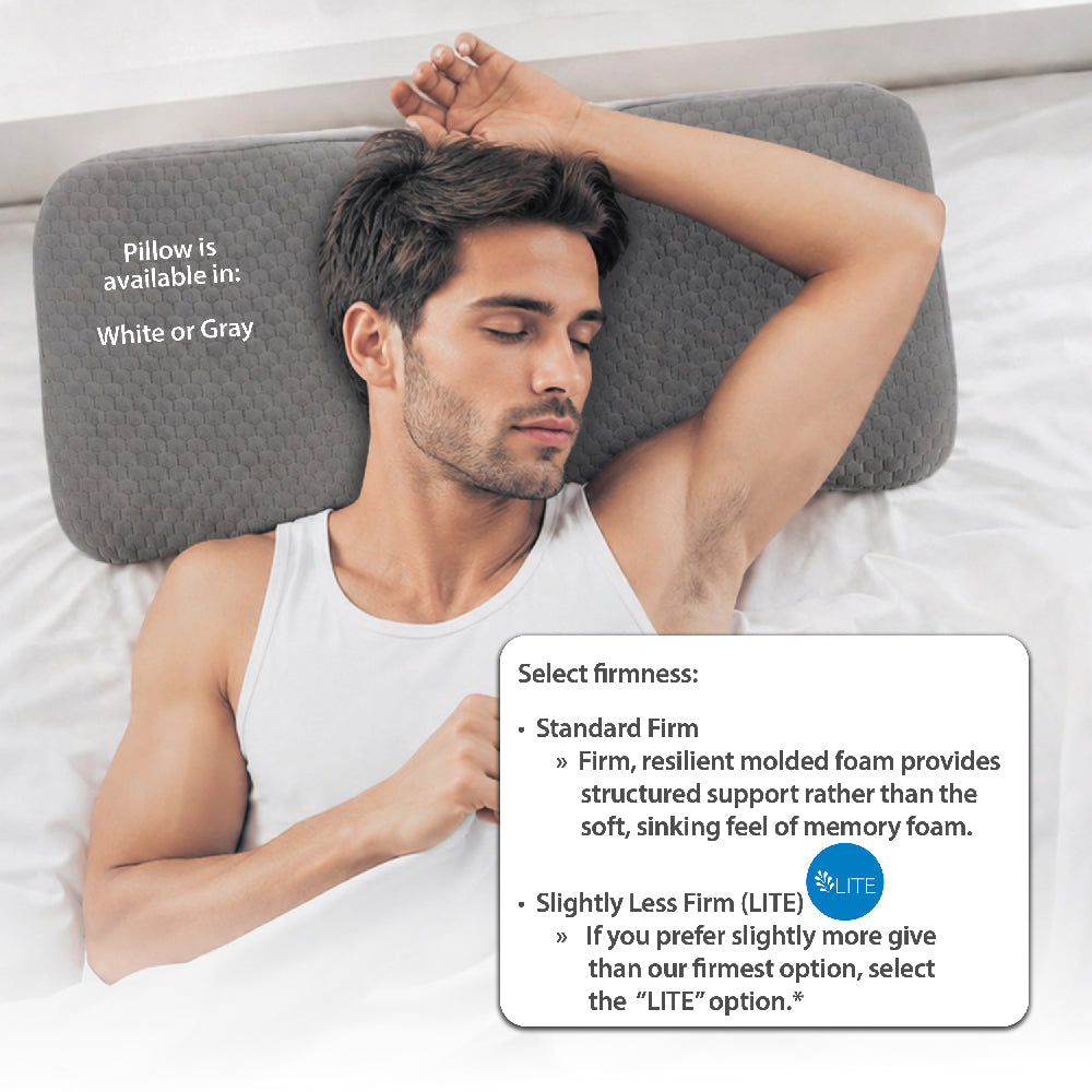 Core Products Therapeutica® Orthopedic Sleeping Pillow shown in gray supporting a man sleeping on his back. Visible text notes the pillow is available in white or gray with Standard Firm resilient molded foam or Slightly Less Firm (LITE), which provides slightly more give than the firmest option.
