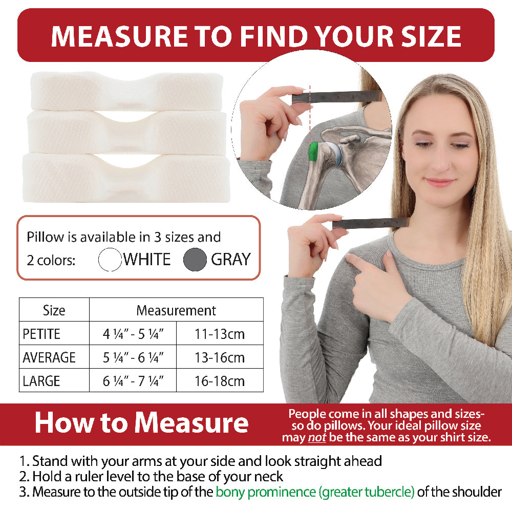 Core Products Therapeutica cervical support pillow sizing guide with text “MEASURE TO FIND YOUR SIZE” and “How to Measure,” showing a woman measuring neck-to-shoulder distance and a chart listing sizes: Petite, Average, Large, XLarge with corresponding measurements in inches and centimeters.