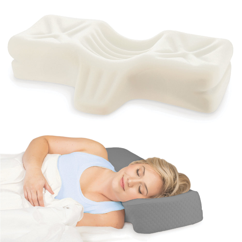 Therapeutica Orthopedic Sleeping Pillow shown in Gray with its contoured white foam design featuring cervical support curves and head cradles. Below, a woman demonstrates side sleeping with her head and neck supported by the pillow. The ergonomic shape is designed to promote proper spinal alignment and comfortable neck support while sleeping. No visible text appears in the image.