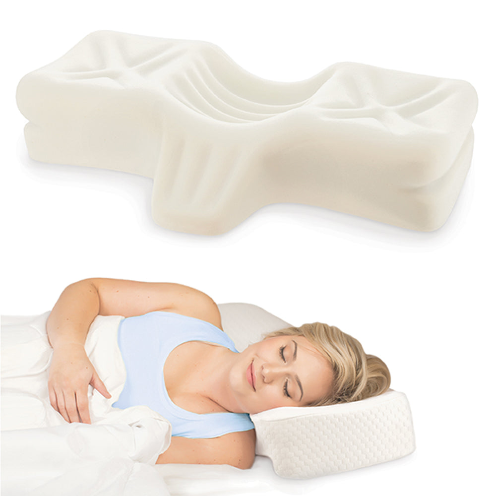 Therapeutica Orthopedic Sleeping Pillow shown with its contoured white foam design featuring cervical support curves and head cradles. Below, a woman demonstrates side sleeping with her head and neck supported by the pillow. The ergonomic shape is designed to promote proper spinal alignment and comfortable neck support while sleeping. No visible text appears in the image.
