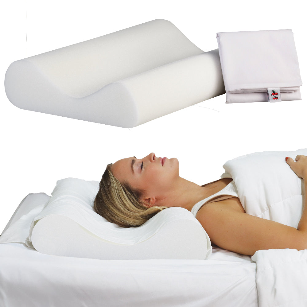 Core Products Basic Support Pillow shown with a white pillow cover and contoured foam design. Below, a woman lies on her back with her head and neck resting in the pillow’s contoured center, demonstrating how the Basic Support Pillow provides comfortable cervical support and positioning while sleeping.