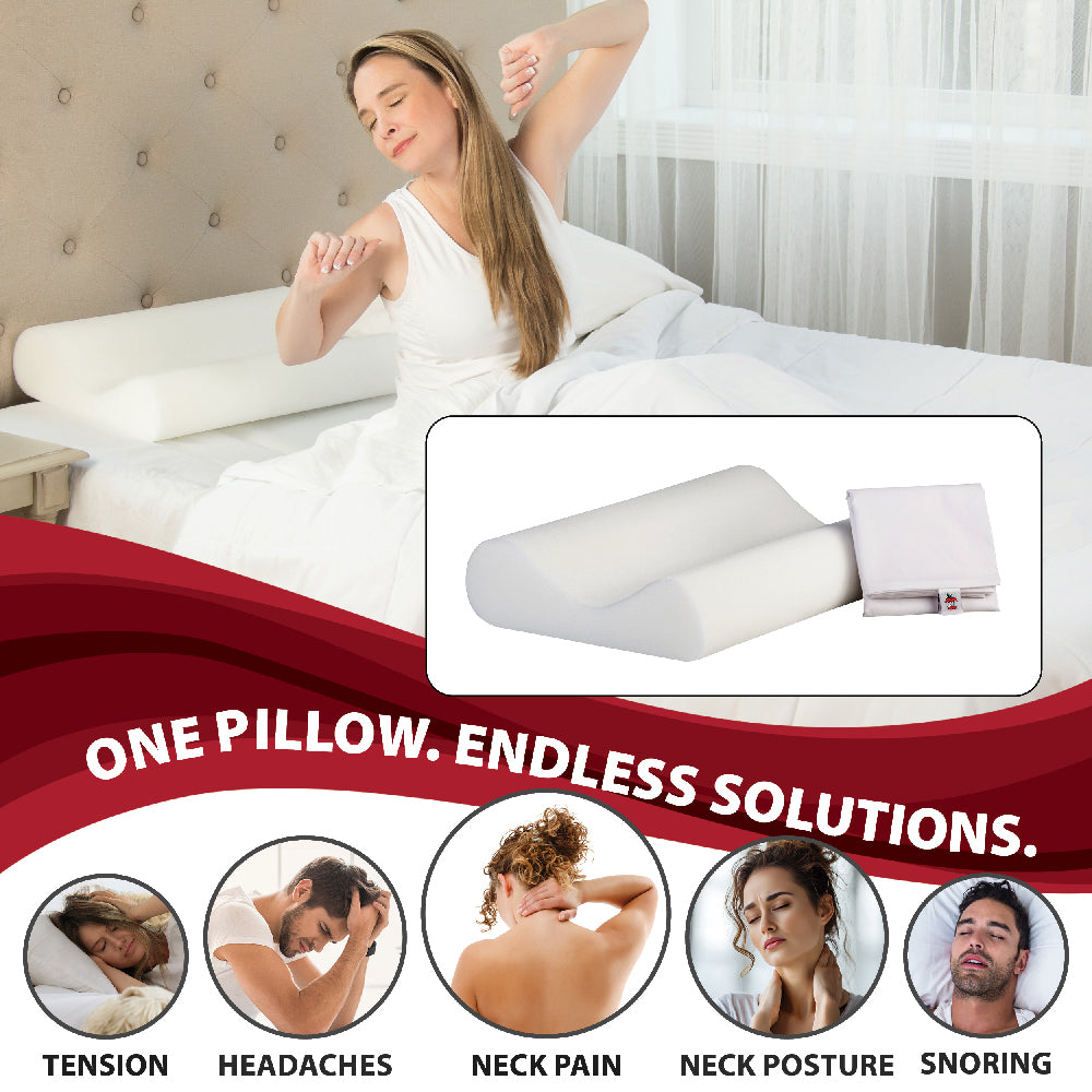Core Products Basic Support Pillow shown on a bed as a woman stretches after sleeping, with an inset displaying the contoured foam pillow and white pillow cover. Text reads “One Pillow. Endless Solutions.” Images highlight support for tension, headaches, neck pain, neck posture, and snoring.