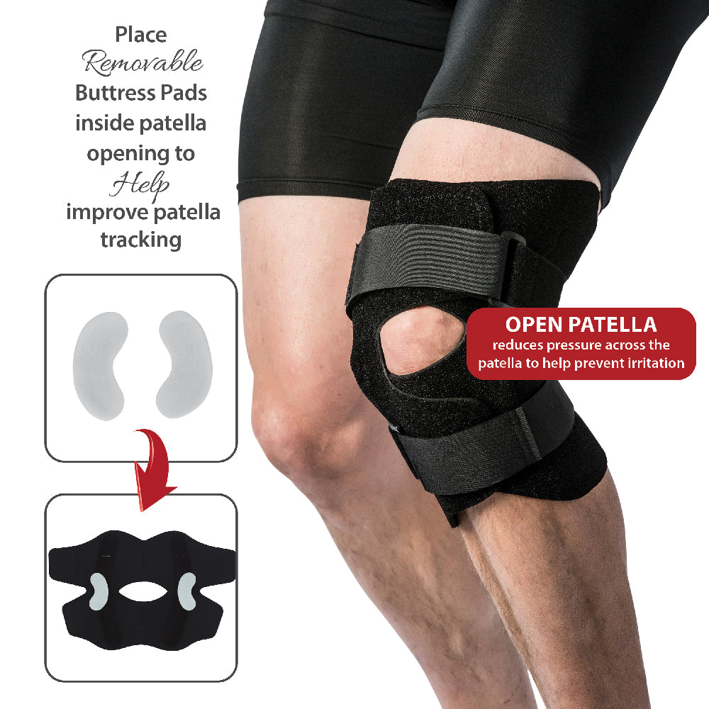 Close-up image of the Swede-O Front Close Hinged Knee Brace highlighting its patellar support features. The brace is worn on the knee and includes an open-patella design that surrounds the kneecap to help reduce pressure and minimize irritation. Removable buttress pads are shown positioned on either side of the kneecap opening, with accompanying graphics indicating that they can be placed inside the patella opening to help improve patellar tracking.