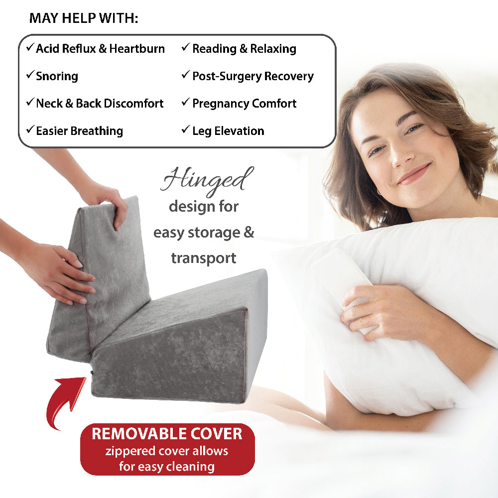 The Core Products gray bed wedge-shaped back support pillow with a removable cover, shown being folded by hands, next to a woman resting on a white pillow. The image includes text highlighting benefits such as acid reflux relief, snoring reduction, neck and back comfort, reading and relaxation, post-surgery recovery, pregnancy comfort, and leg elevation.