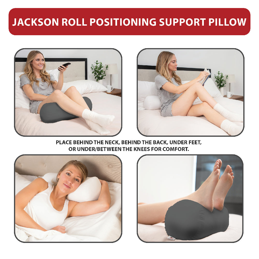Core Products Jackson Roll Positioning Support Pillow shown in multiple positions for comfort and body alignment. Text reads “Jackson Roll Positioning Support Pillow” and “Place behind the neck, behind the back, under feet, or under/between the knees for comfort,” highlighting versatile support for sleep, relaxation, and pain relief.