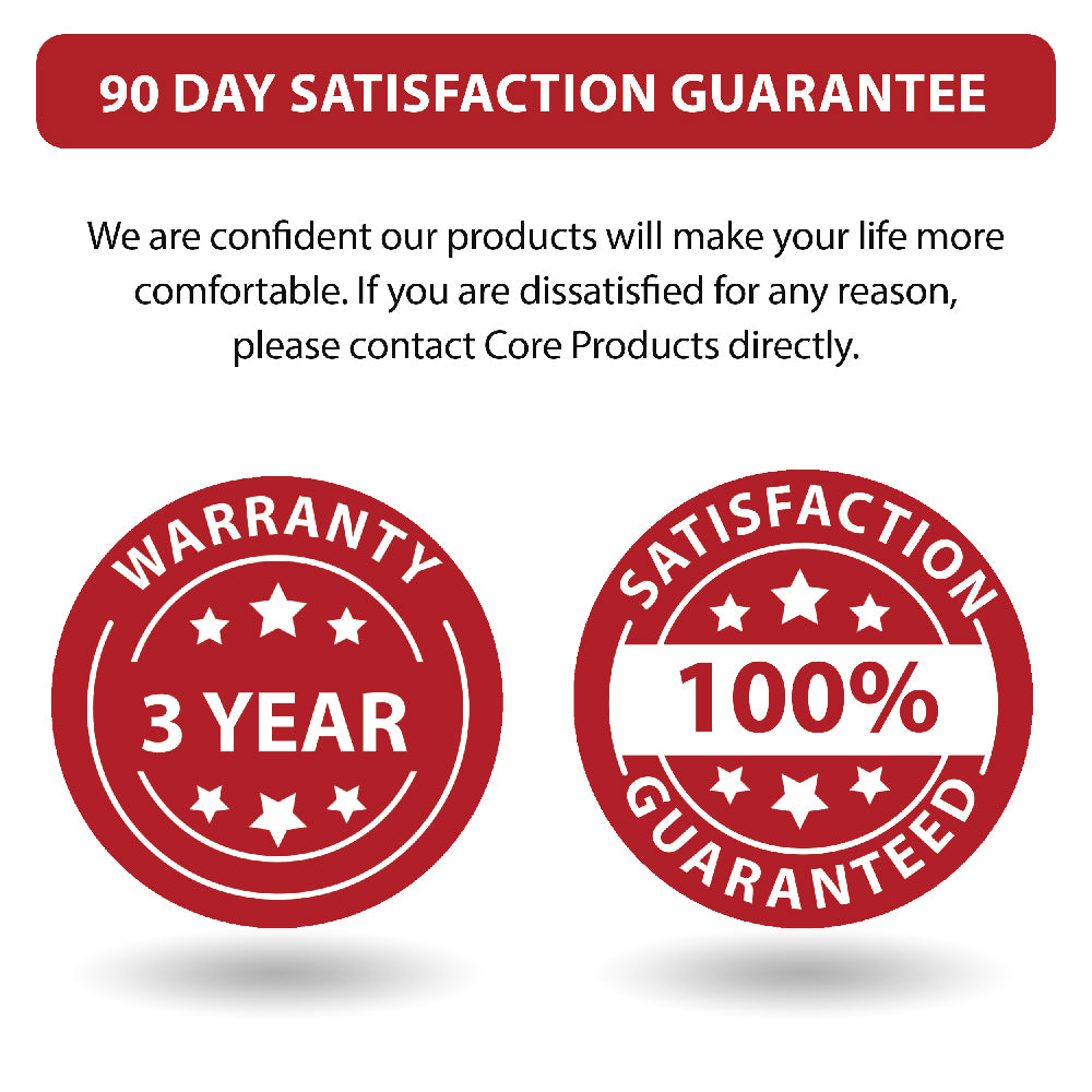 Core Products satisfaction guarantee graphic with text “90 DAY SATISFACTION GUARANTEE” and message about contacting Core Products if dissatisfied. Red badges display “WARRANTY 3 YEAR” and “100% SATISFACTION GUARANTEED,” emphasizing product quality and customer assurance.