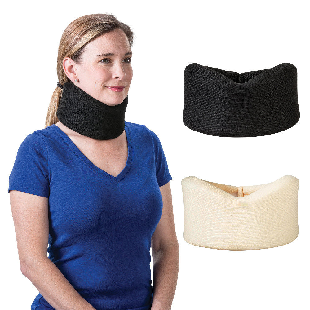Woman wearing a black foam cervical collar while seated, alongside product images of the collar in black and beige. The contoured design provides gentle neck support and a comfortable fit for posture support, recovery, and daily wear.
