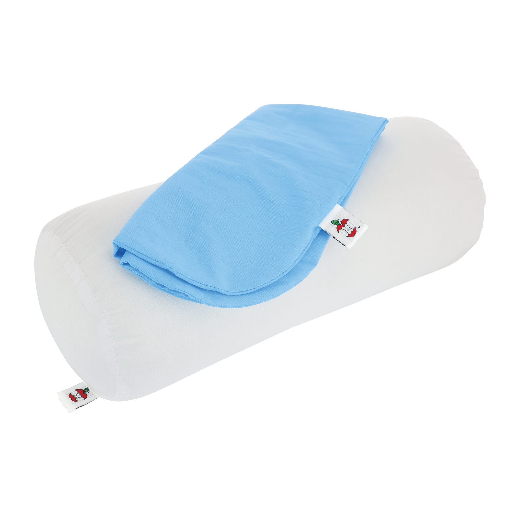 Core Products blue pillowcase designed to fit the Jackson Roll Positioning Pillow, shown folded and laying on top of a white Jackson Roll Pillow. The case provides a clean, protective cover for the Jackson Roll and features a visible tag with the Core Products apple logo for brand identification.