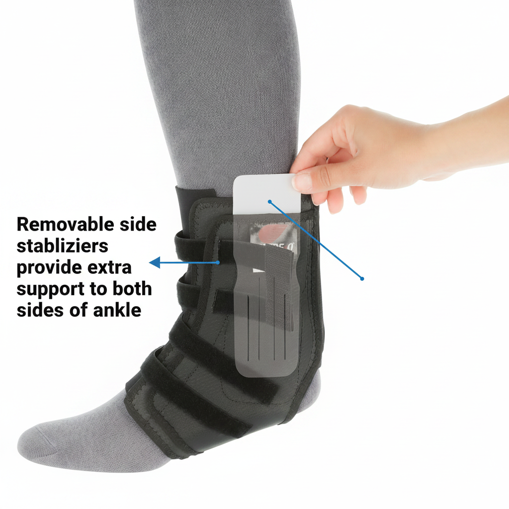 Core Products Swede‑O Easy Lok Ankle Brace shown in use, featuring a black wrap‑style support with adjustable straps and removable side stabilizers. Visible text reads “Removable side stabilizers provide extra support to both sides of ankle,” highlighting enhanced stability and customizable ankle support.