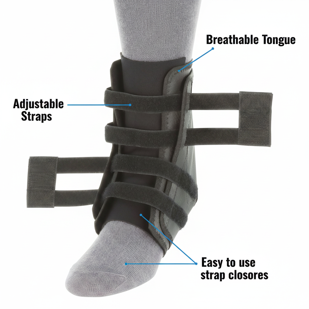 Core Products Swede‑O Easy Lok Ankle Brace shown on a foot, featuring a black wrap-style support with multiple adjustable straps and a structured design. Visible text reads “Adjustable Straps,” “Breathable Tongue,” and “Easy to use strap closures,” highlighting comfort, fit, and ease of application for stable ankle support.