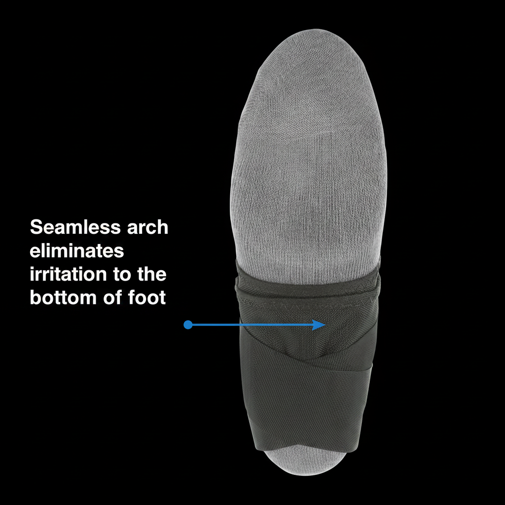 Core Products Swede‑O ankle brace feature graphic showing a foot wearing a gray sock and black support wrap from the sole view. Visible text reads “Seamless arch eliminates irritation to the bottom of foot,” with an arrow pointing to the arch area, highlighting comfort, reduced friction, and improved foot support.