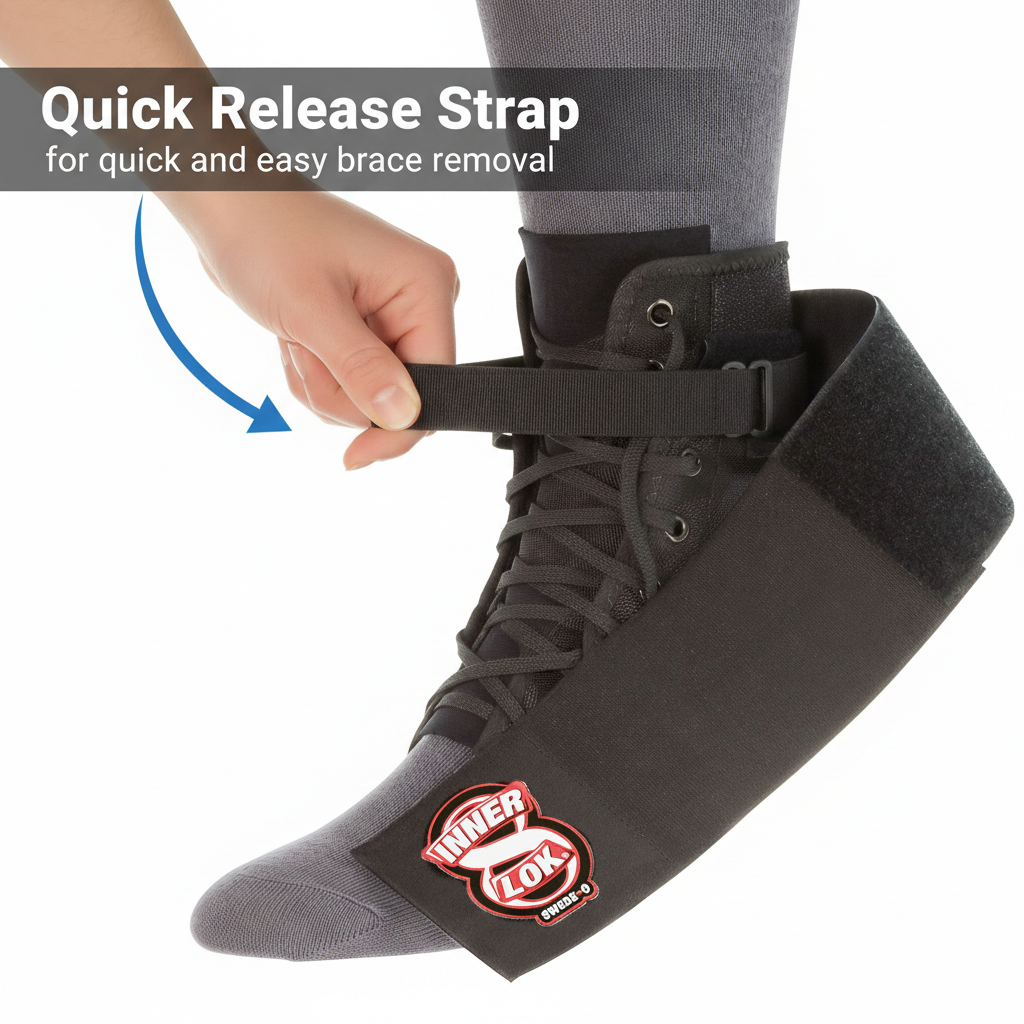 A person pulling the black quick release strap on a Core Products Swede-O Inner Lok 8 Ankle Brace worn over a grey sock. A blue arrow points downward to demonstrate how to unfasten the strap, accompanied by the visible text banner: "Quick Release Strap for quick and easy brace removal." The lace-up front is partially opened, and the large wrap-around outer flap is pulled back, clearly displaying the red and white Inner Lok Swede-O brand logo on the front surface.