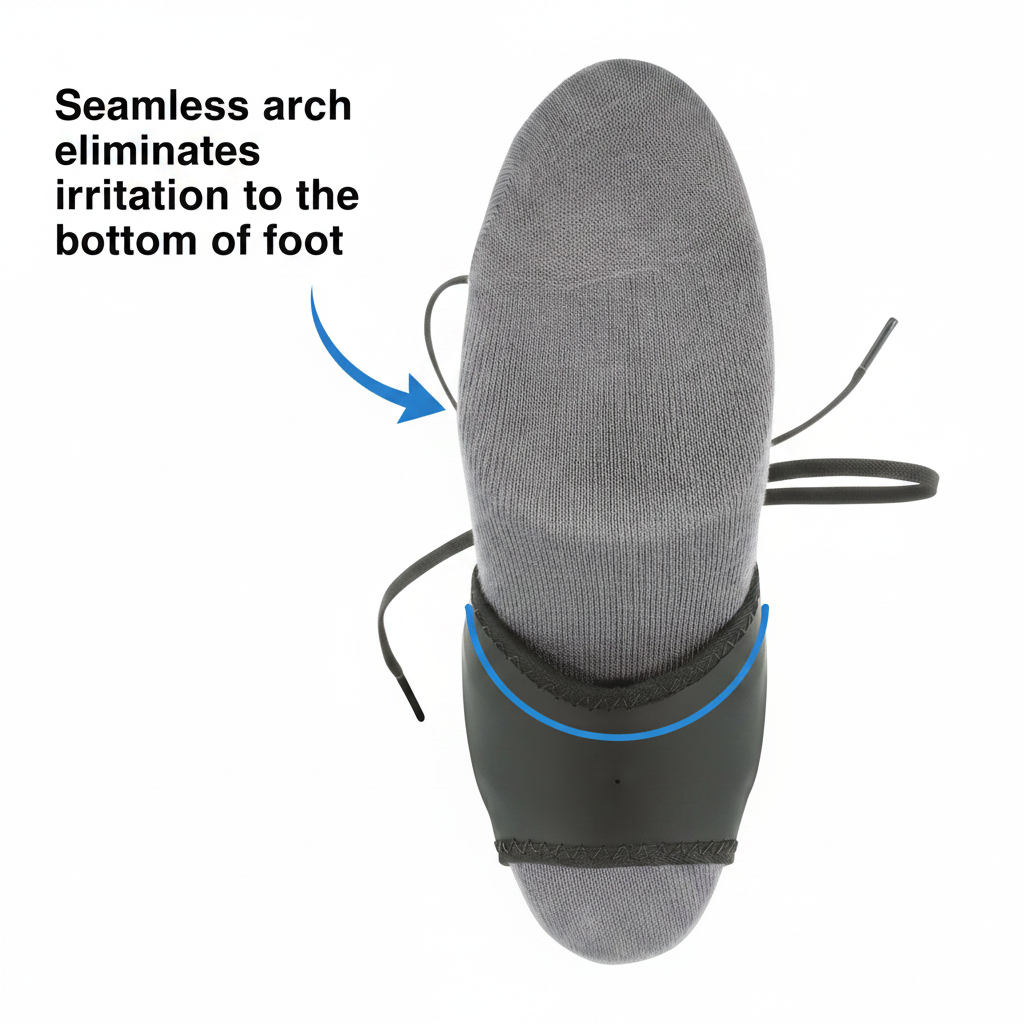 Core Products Swede‑O ankle brace feature graphic showing a foot wearing a gray sock with a seamless arch design. Visible text reads “Seamless arch eliminates irritation to the bottom of foot,” with an arrow pointing to the arch area and a blue highlight indicating comfort and reduced friction.