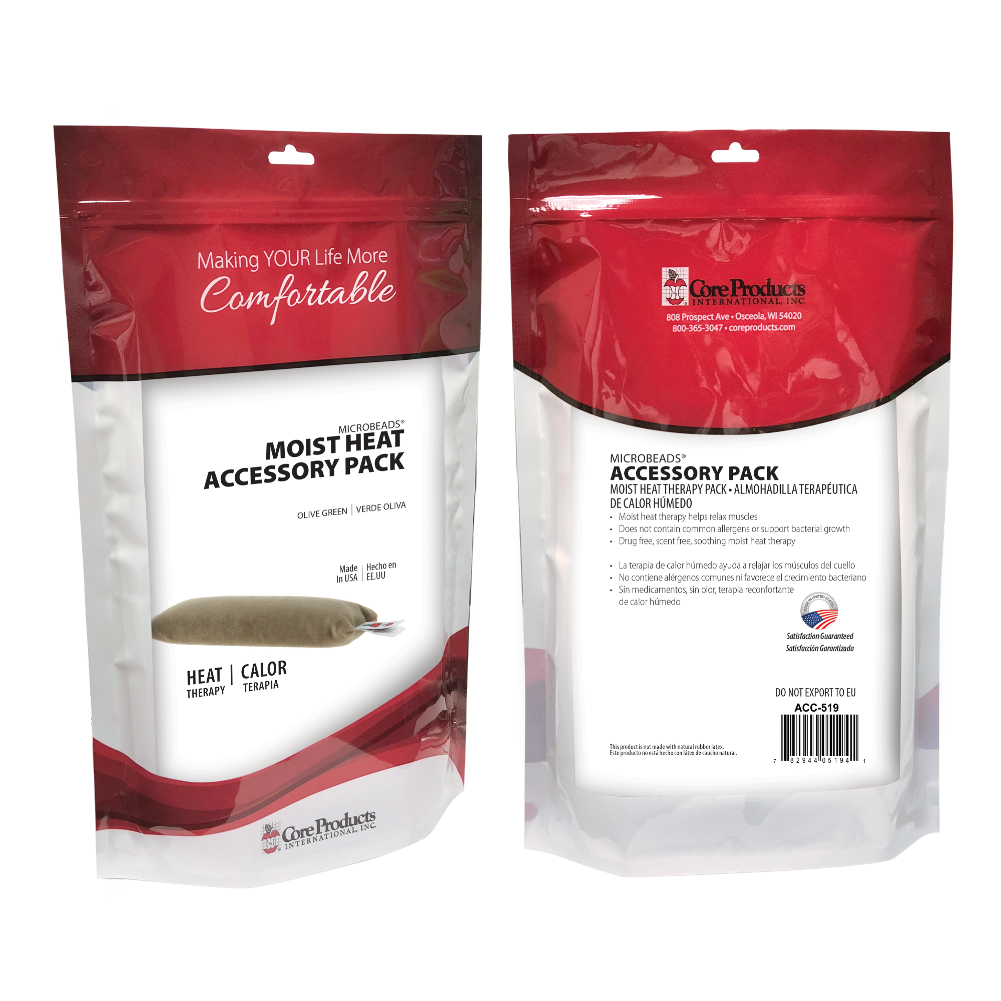 Core Products MicroBeads Moist Heat Accessory Pack packaging shown front and back, featuring olive green neck wrap. Text includes “Making Your Life More Comfortable,” “Moist Heat Accessory Pack,” and “Heat Therapy,” with product details, usage benefits, and branding on a resealable red and white pouch.