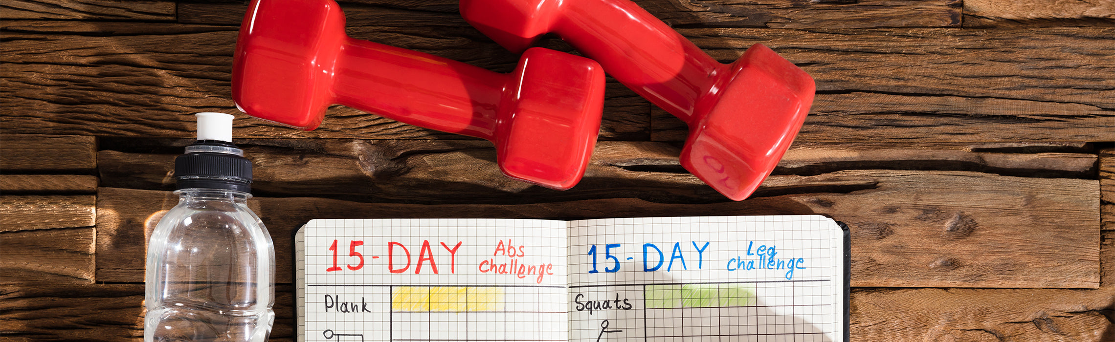 Red dumbbells, a water bottle, and an open notebook labeled “15 DAY cleanse” and “15 DAY cleanse support” displayed on a wooden surface.