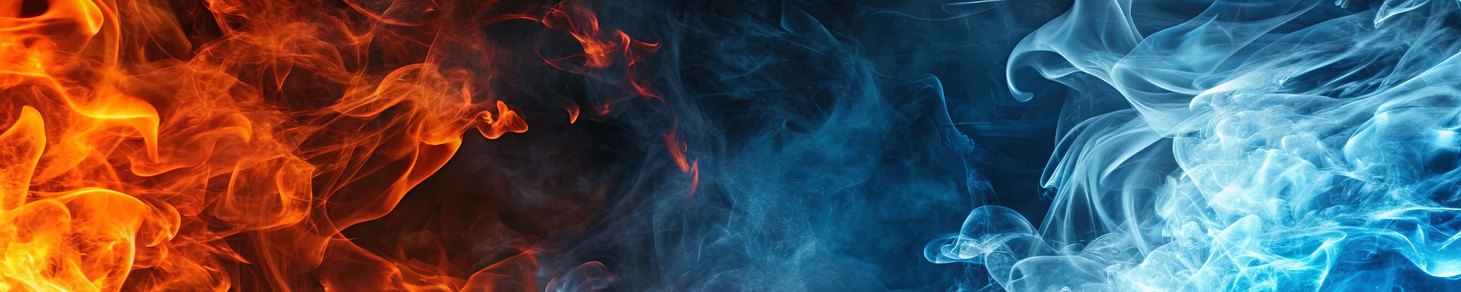 Abstract background of swirling red and orange flames on one side blending into cool blue smoke on the other, representing contrast between heat and cold, fire and ice. No visible text in the image.