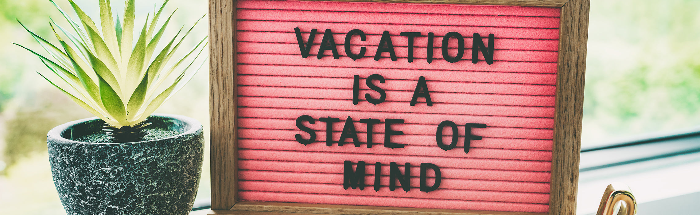 Letter board with black text reading “VACATION IS A STATE OF MIND” beside a green potted plant on a windowsill, representing travel inspiration, relaxation, and a positive vacation mindset. 