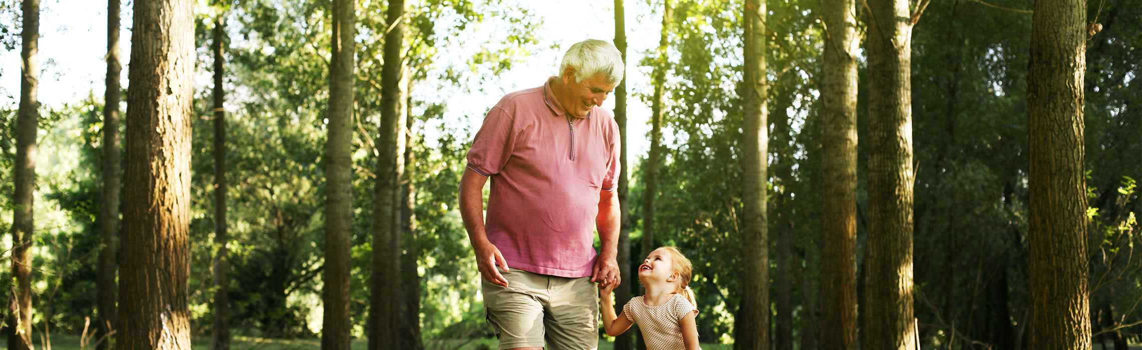 Older adult and child walking hand in hand along a sunlit forest path surrounded by tall trees, representing family bonding, outdoor activity, and healthy lifestyle.