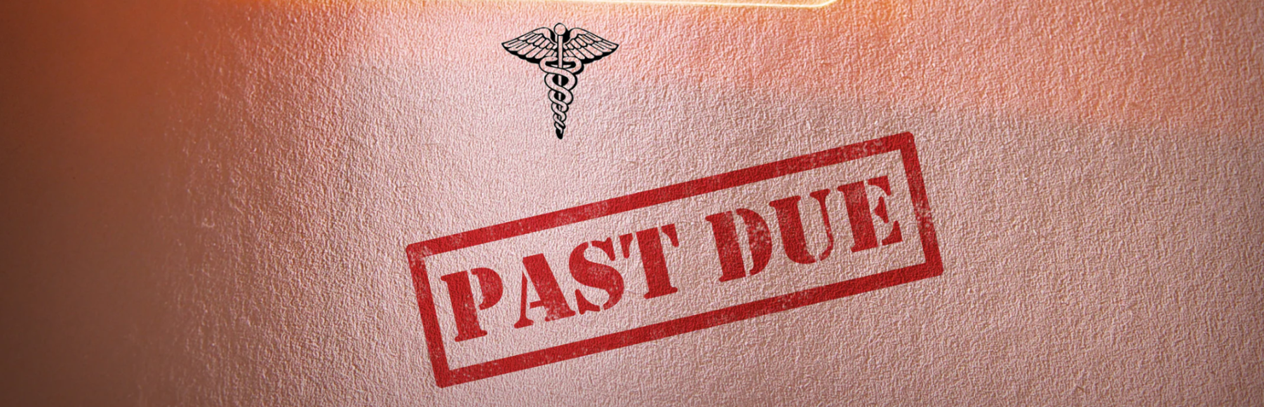 Document with a medical caduceus symbol and bold red “PAST DUE” stamp across a textured background, representing an overdue medical bill or unpaid healthcare invoice.