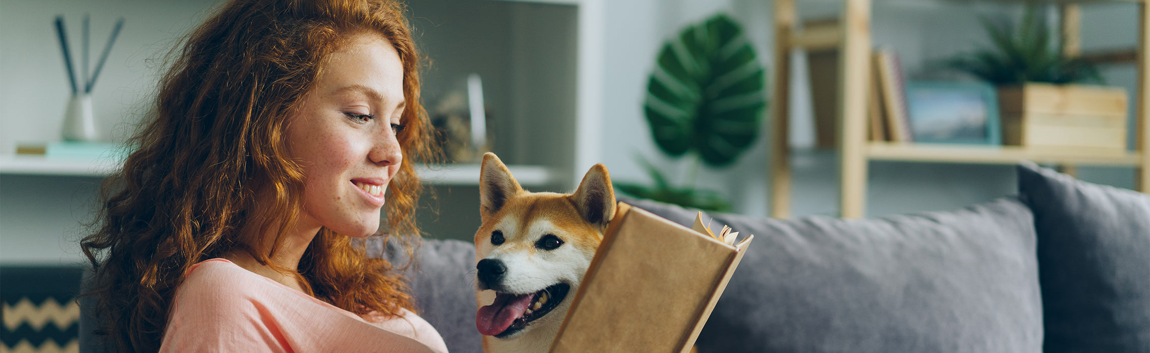 Smiling woman relaxing on a couch while reading a book beside a happy dog in a cozy living room.