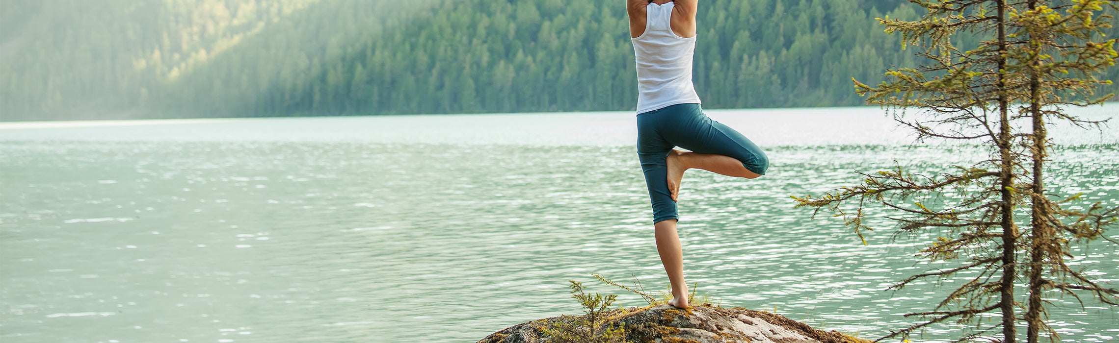 Person balancing in a tree pose yoga stance on a rock beside a calm lake surrounded by forest, representing mindfulness, outdoor fitness, balance, and wellness.