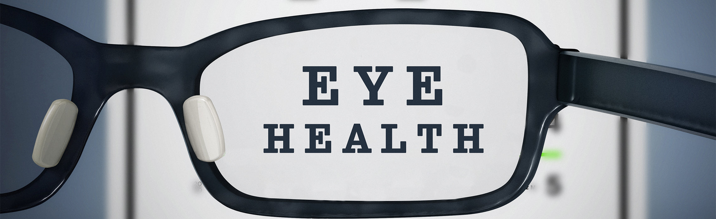 Eyeglasses focused on the words “EYE HEALTH” during an eye exam, representing vision care, eye wellness, optical health, and routine eye checkups.