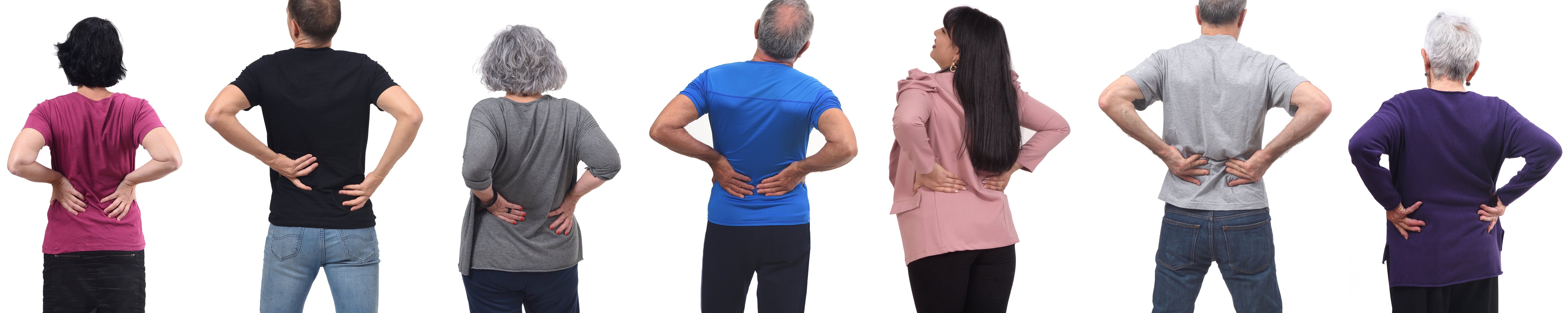 Row of diverse adults shown from behind standing against a white background, each with hands placed on the lower back, illustrating back pain, posture issues, or spinal discomfort. No visible text.