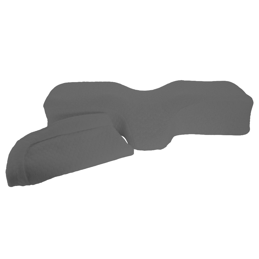 Therapeutica ergonomic contour neck pillow is designed to support proper neck and shoulder alignment during sleep. The image shows the sculpted orthopedic pillow in gray bundled with an extra gray cover that is placed in front, highlighting the fitted cover and contoured shape that supports side and back sleepers.