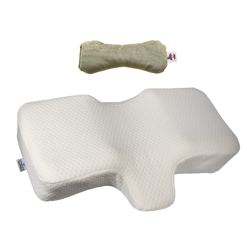 Therapeutica ergonomic contour neck pillow with breathable white textured cover designed to support the neck and shoulders for proper spinal alignment during sleep. Displayed above the pillow is a olive MicroBeads Dry Eye Compress Moist Heat Pack with a small fabric tag. The Therapeutica pillow features a sculpted center and raised sides for side and back sleeping support.
