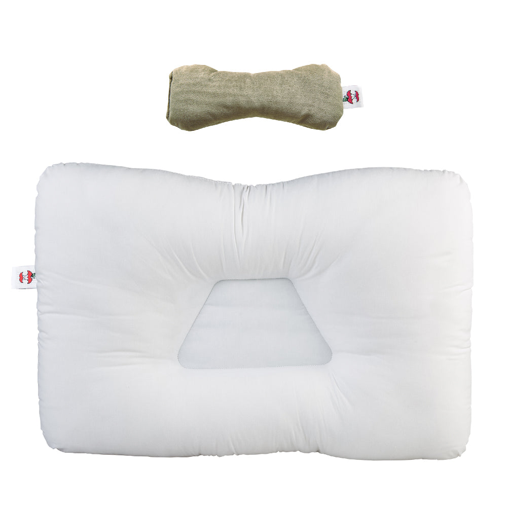 This is a bundle pack that includes our Core Products Tri-Core Cervical Support Pillow in white designed to help support proper cervical alignment for back and side sleepers. The contoured pillow features a recessed center and supportive side lobes for neck support. Displayed above the pillow is a MicroBeads Dry Eye Compress Moist Heat Therapy Pack in olive color.