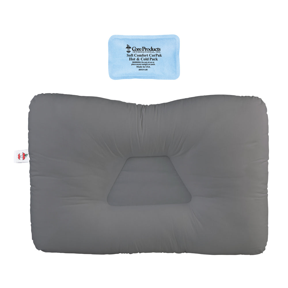 Core Products Gray Tri-Core Cervical Support Pillow bundled with a Small Soft Comfort CorPak hot and cold therapy pack. The gray orthopedic pillow features a recessed center and raised cervical support lobes. Visible text on the blue pack includes “Core Products International Inc.,” “Soft Comfort CorPak,” “Hot & Cold Pack,” “Reusable Product,” and “Made in USA.”