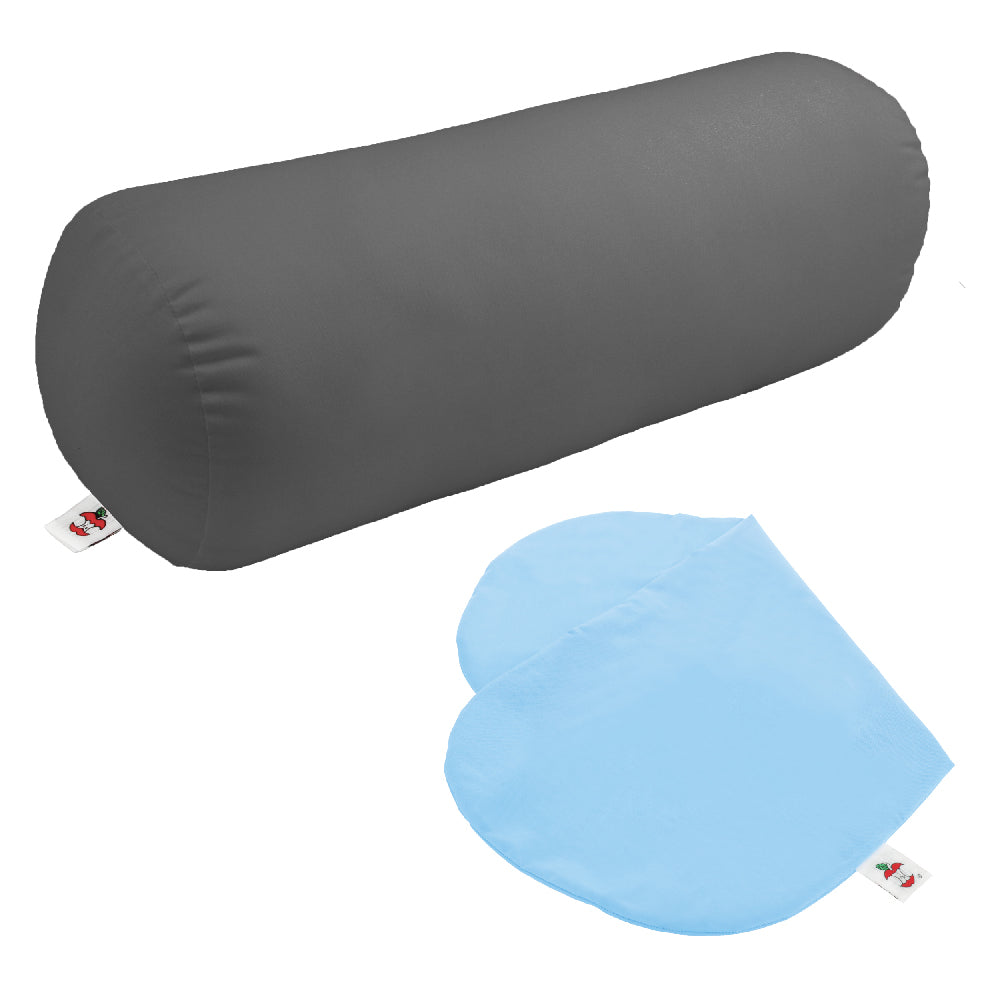 Image is showing a bundle containing a gray Jackson Roll Pillow and a blue cover