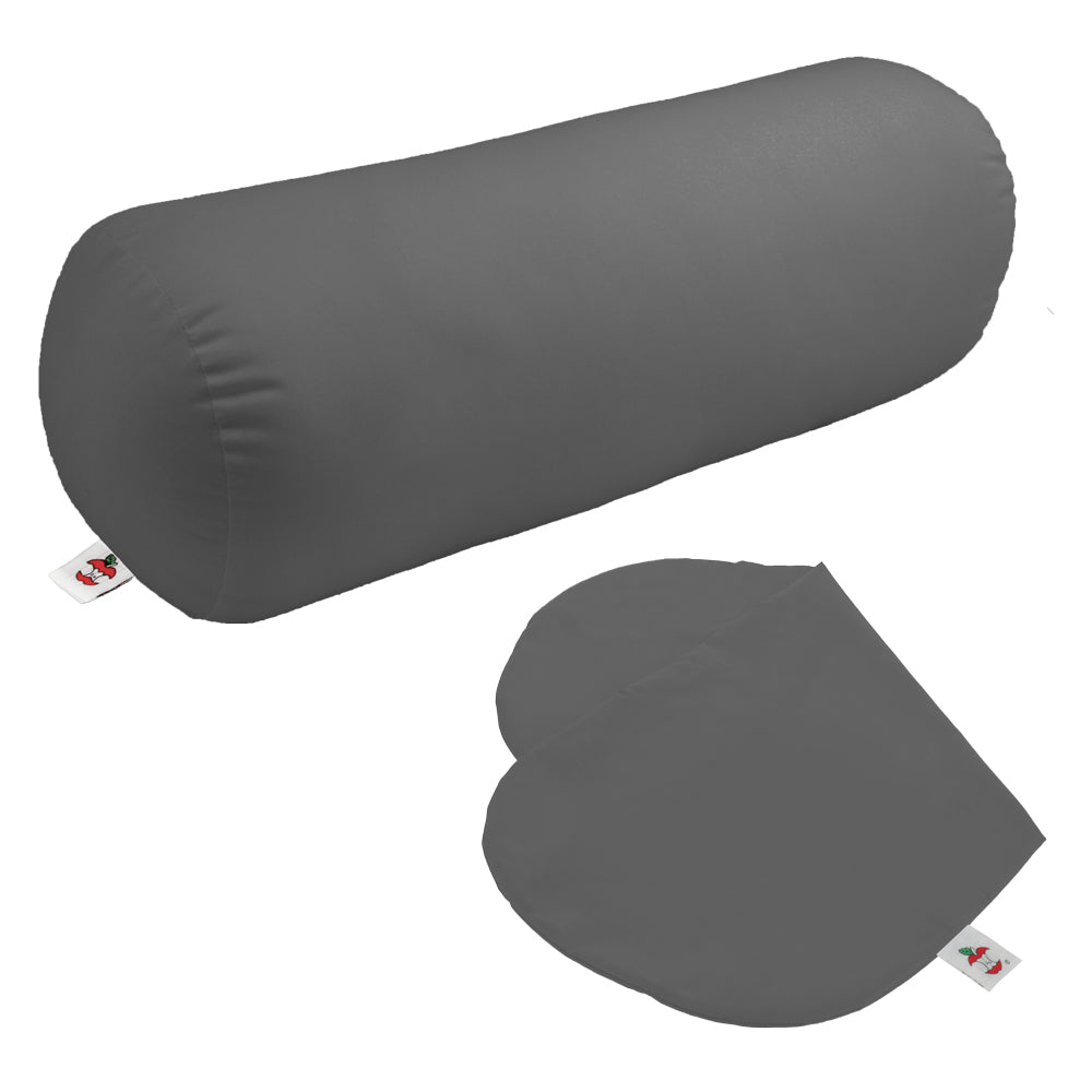 Core Products Jackson Roll support pillow shown in two gray styles on a white background: a cylindrical roll and a contoured roll with a flat side. Both feature soft fabric covers and visible Core Products logo tags. Designed for versatile positioning and support for the neck, back, knees, or other areas of the body.