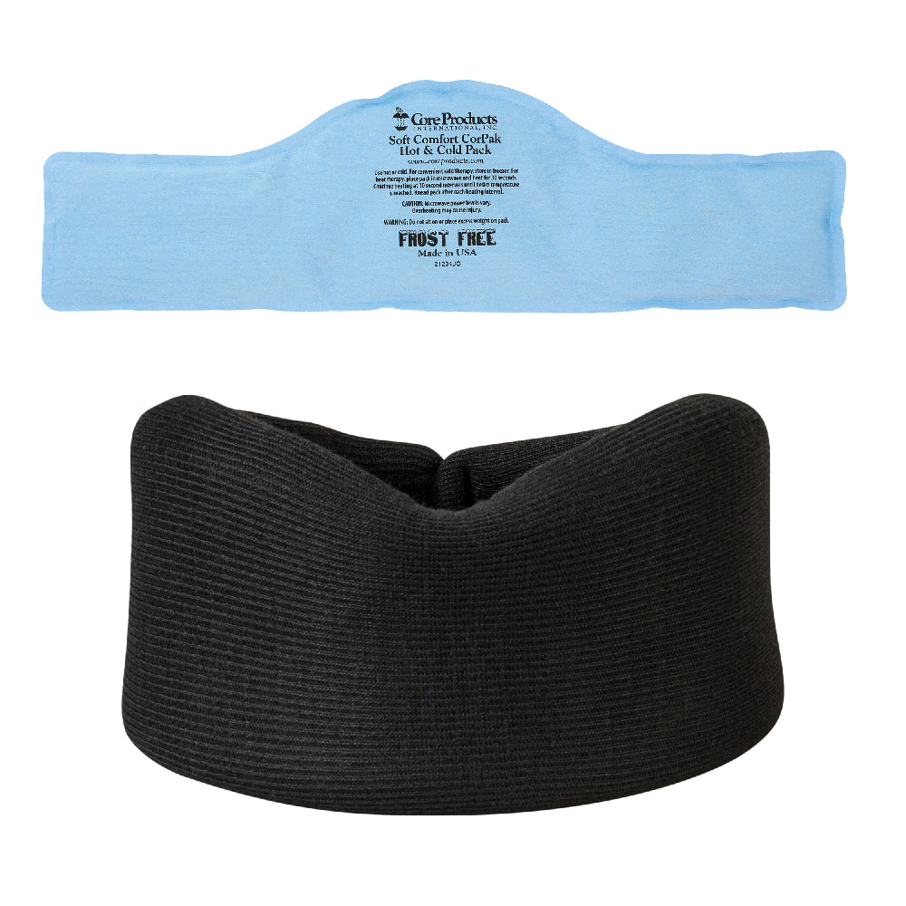 Image showing a black foam cervical collar with a blue soft comfort cervical hot & cold therapy pack.
