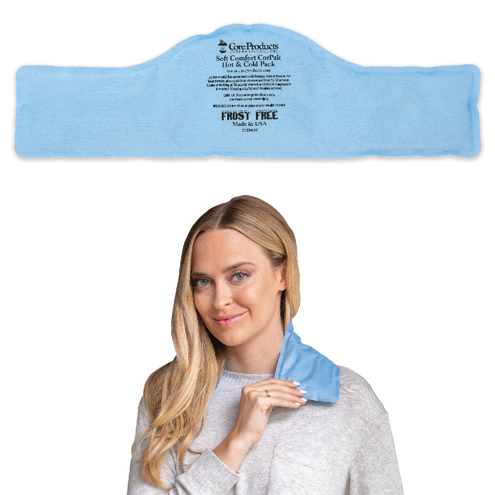 Core Products Soft Comfort CorPak cervical hot and cold therapy pack shown flat and applied to the neck by a woman. Long, contoured blue fabric design provides targeted relief for neck pain, stiffness, and muscle tension.